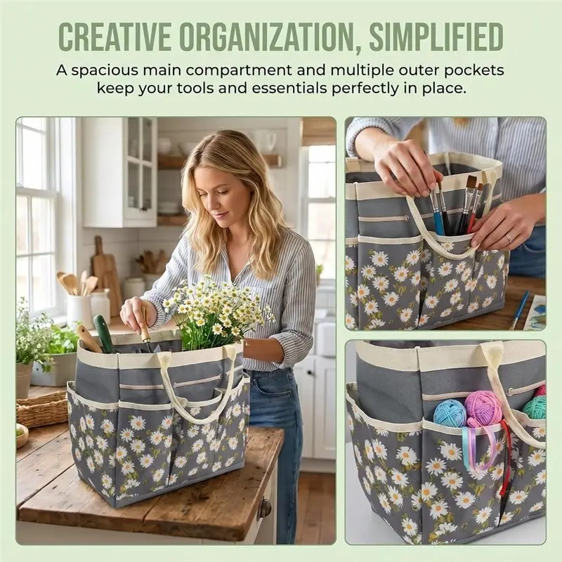 AB34-Heavy Duty Garden Tool Bag Tote - Large Canvas Organizer With Multiple Pockets For Gardeners, Outdoor Work & Storage
