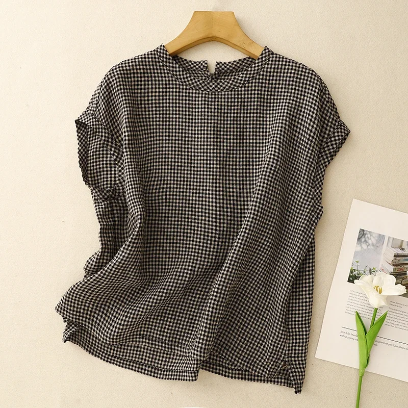 

Льняная клетчатая блузка женская летняя новая корейская модная литературная ретро элегантная повседневная рубашка без рукавов в студенческом стиле с круглым вырезом