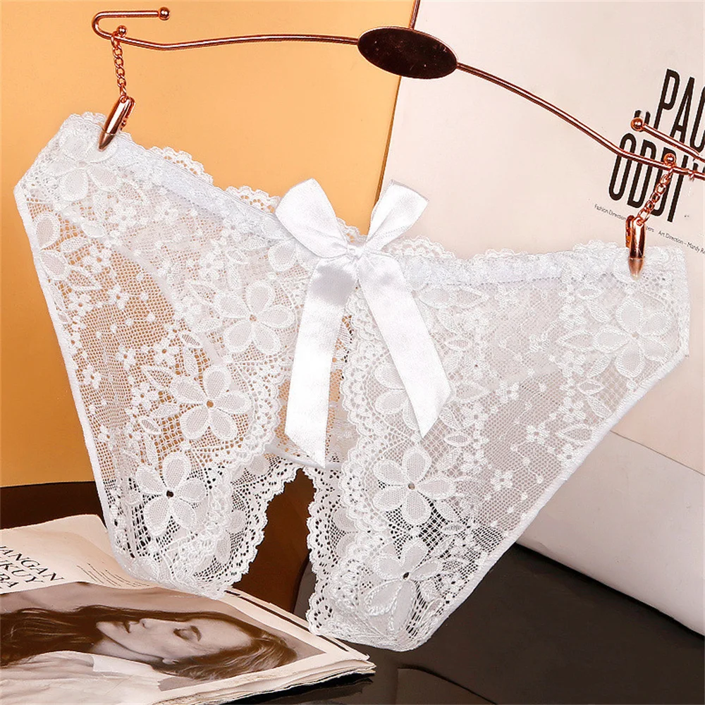 Women Open Crotch Panties Hollow Floral Lace Sexy Split Fork Underwear Large Size Bowknot Briefs