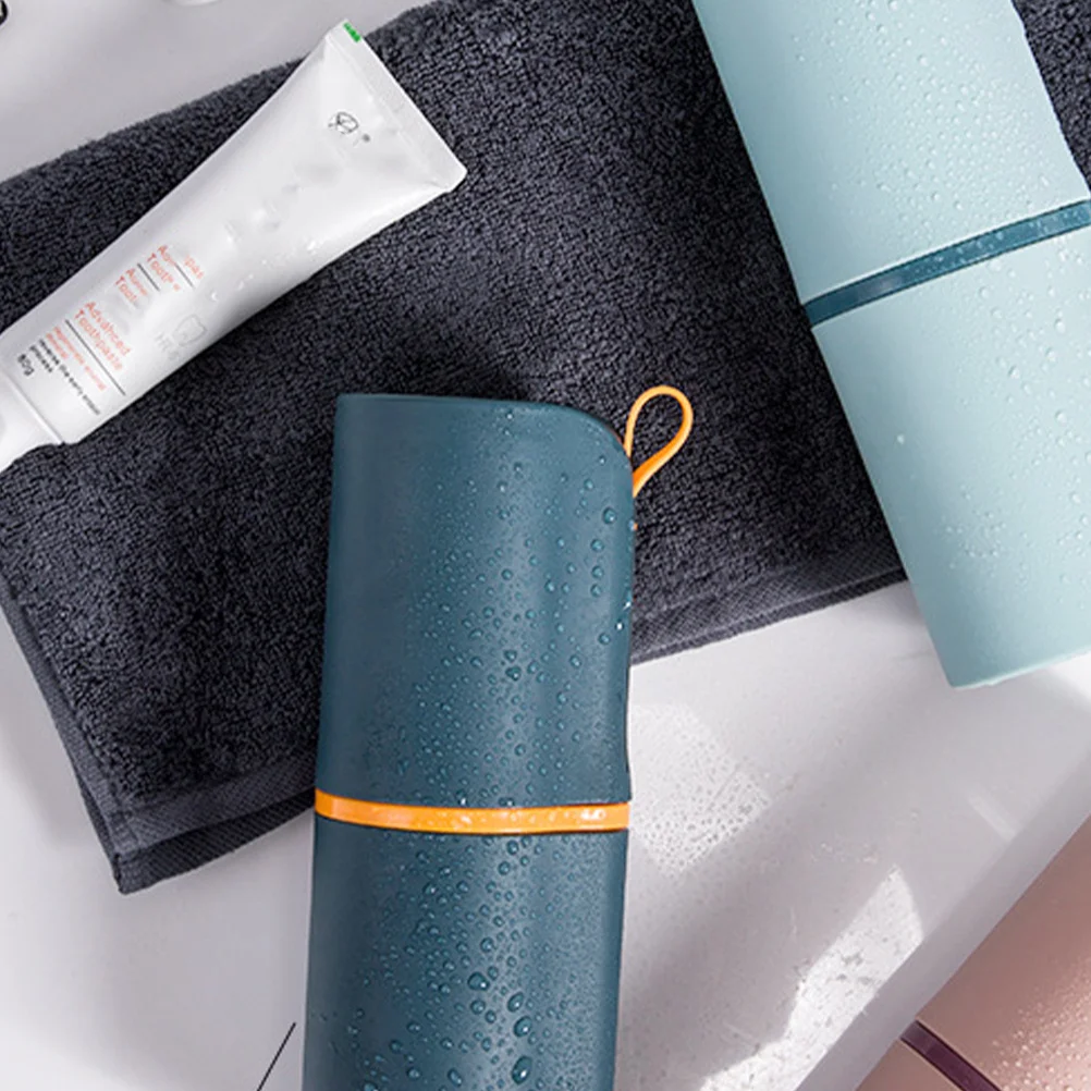 حقيبة تخزين فرشاة الأسنان المحمولة للسفر لفرشاة معجون الأسنان، كوب غسيل مدمج، بار المطبخ باللون الأزرق الداكن