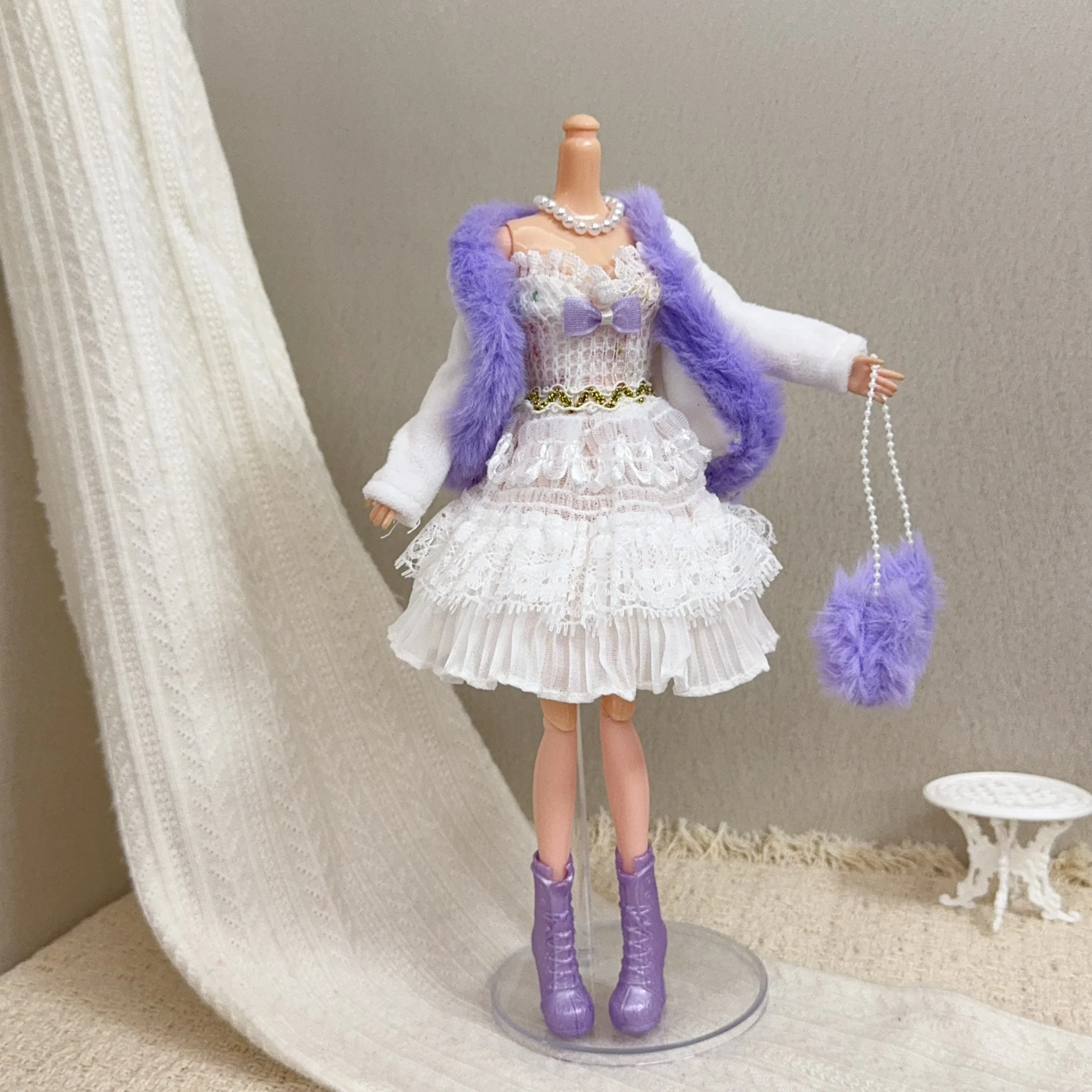 1/6 Doll Clothes Accessories Sweet Lolita Tiered Cake Dress+Coat+Pearl Necklace+Boots For 30cm FR Babi Supermodel Doll Dress Up