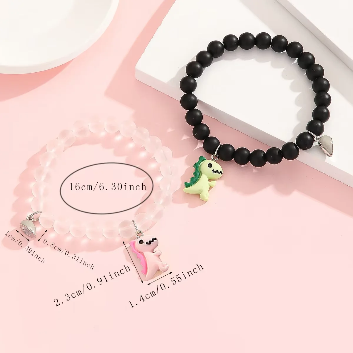 2-teiliges Set Leuchtendes Herz Niedliches Dinosaurier-Paar-Armband Modisches Perlenarmband – Detail 5