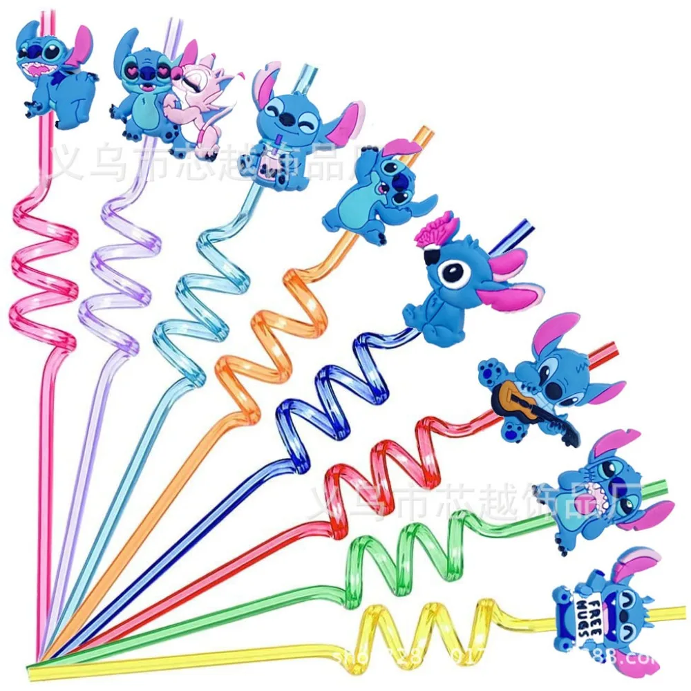 8pcs Lilo & Stitch Disney Cartoon PVC Reusable Straws Kids Birthday Party Decorated Action Toys Soft Rubber Straw for Water Cups