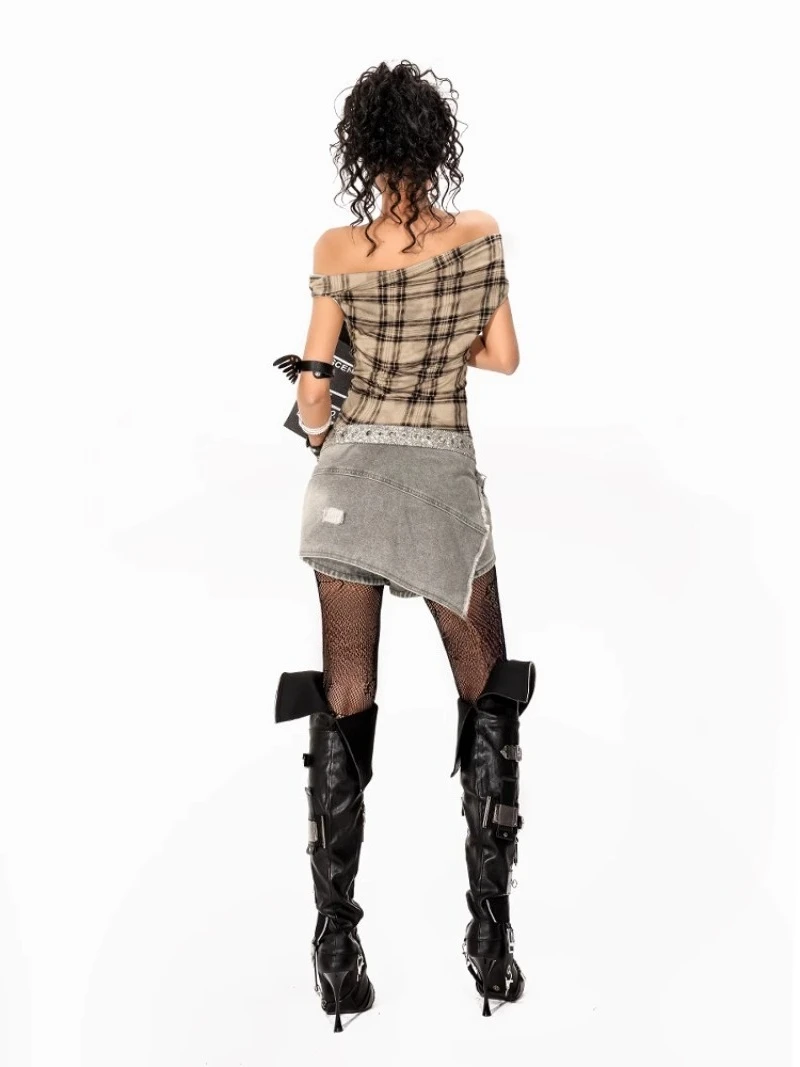 Summer American Retro Washed Y2k Irregular Design Deconstruction Hot Hip Wrap A Line Short Denim Skirt For Women