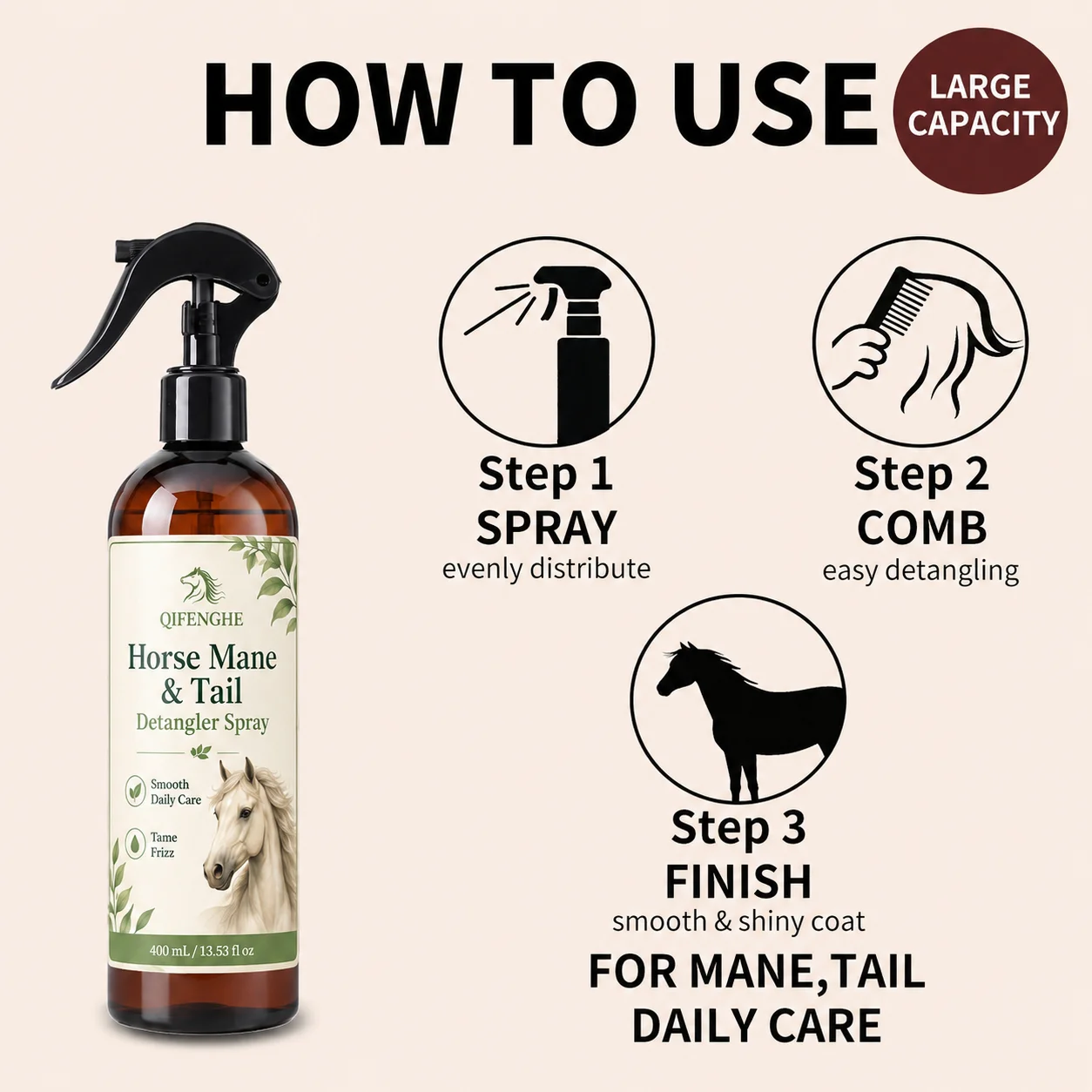 400ml Horse Mane Tail Detangling Spray Large Capacity Grooming Conditioner for Frizzy Knotted Hair Soft Smooth Shiny Easy Comb