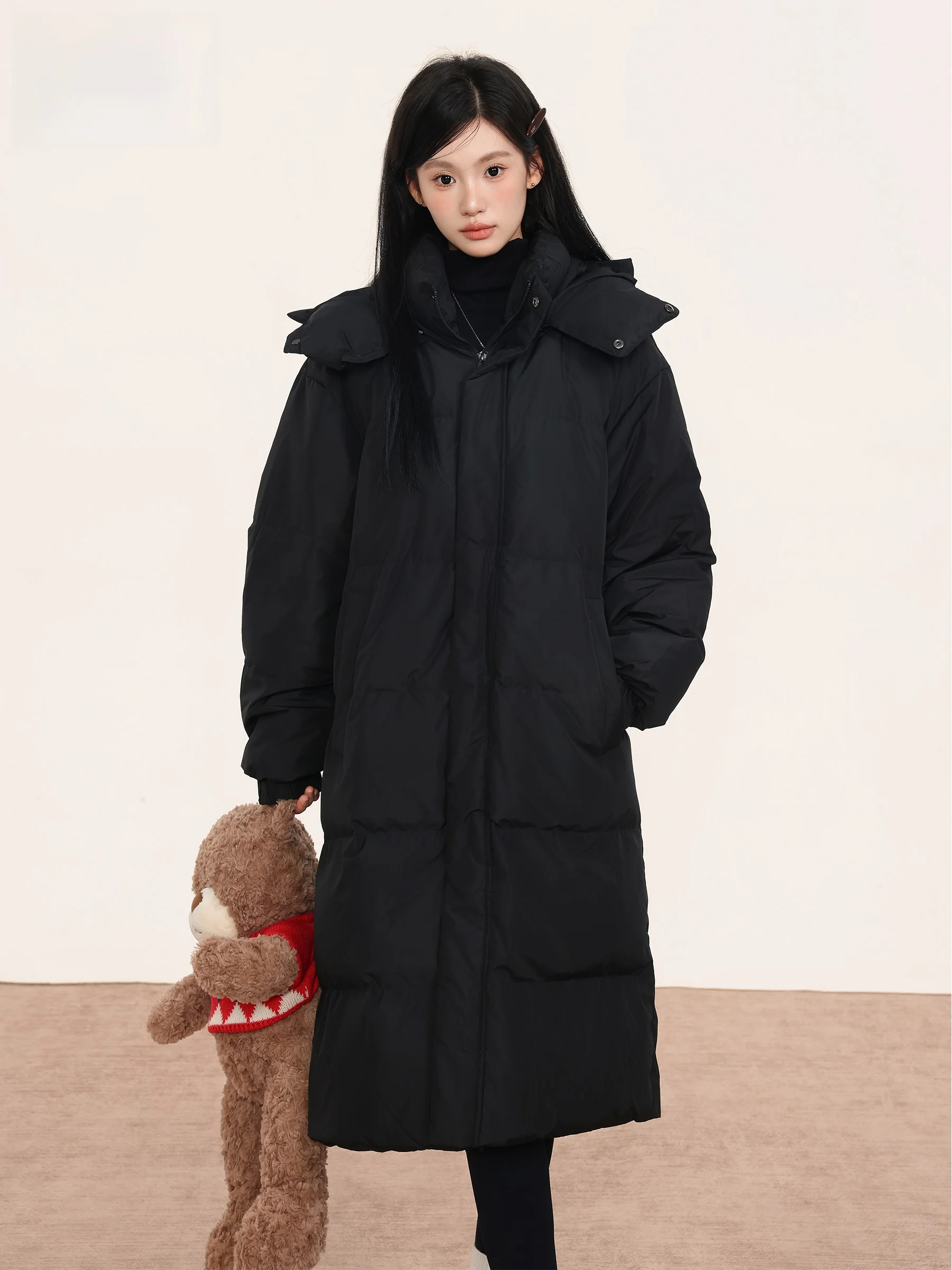 

Черный длинный пуховик мужской, свободный, утепленный, летний, новый стиль, до колен, в корейском стиле, прямой крой