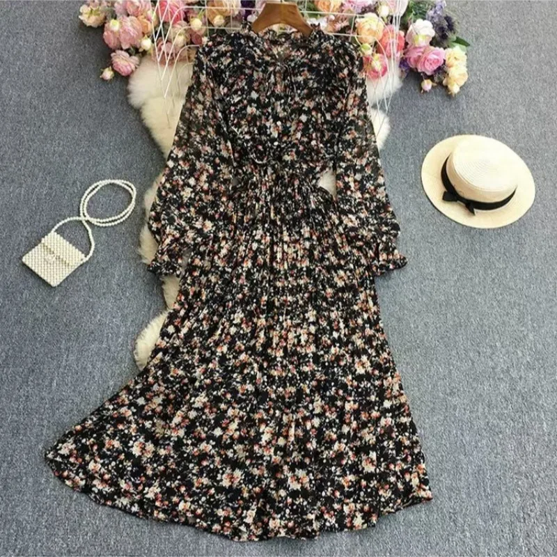 

Spring Autumn Pleated Dress Women's Soft Sweet O-neck Ruffled Slim A-line Floral Chiffon Dress Vintage Dress Evening Dresses