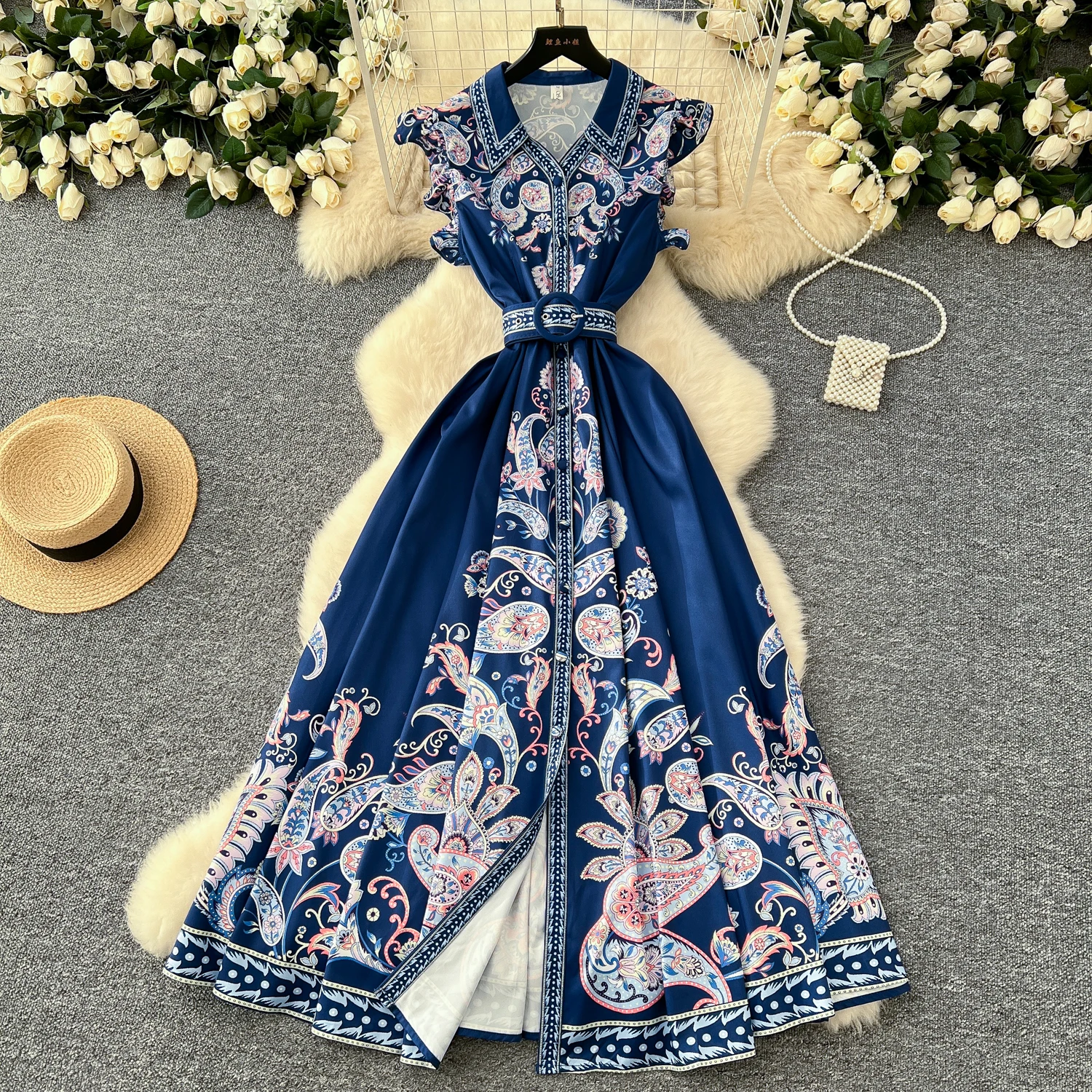 Elegant Print Single Breasted Sashes Vintage Turn-down Collar Collar Flying Sleeves Slim Long Dress Evening High Street Clothing