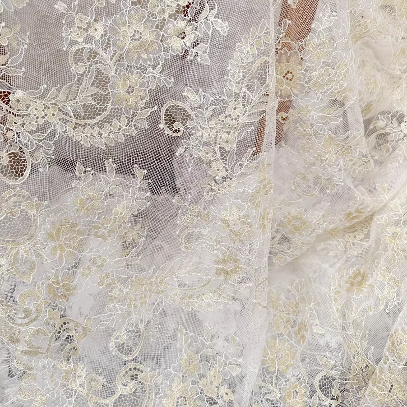 Luxurious 3 Meters Beige Gold Eyelash Lace Fabric for Wedding Dress Evening Gowns DIY Accessories