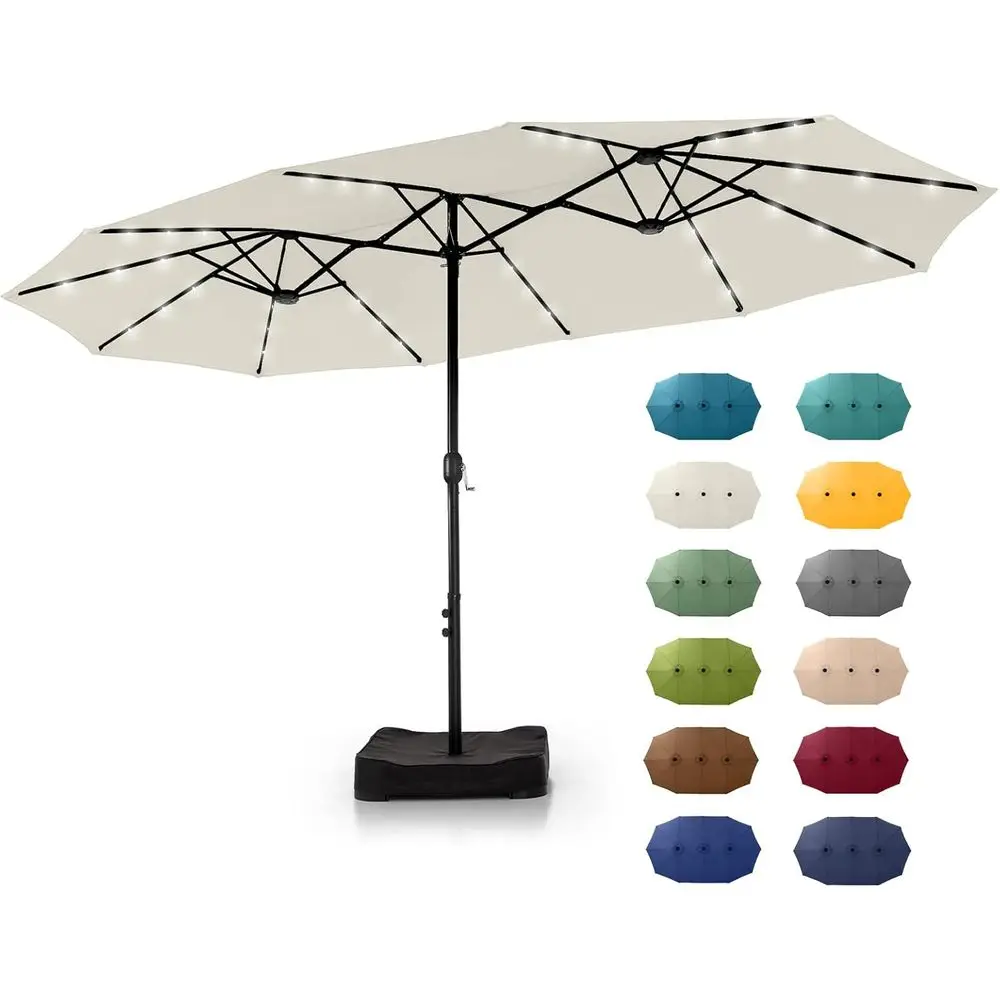 

15ft Patio Umbrella with Lights and Base, Double-Sided Crank Lift, Large Outdoor Garden Backyard, Ivory