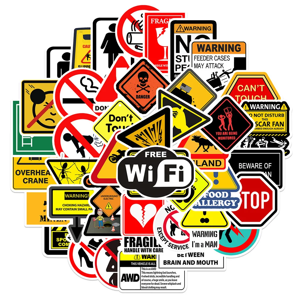10/30/50pcs Warning Signs Graffiti Stickers Funny Danger Banning Pattern Decals DIY Phone Laptop Motorcycle Notebook Sticker Toy