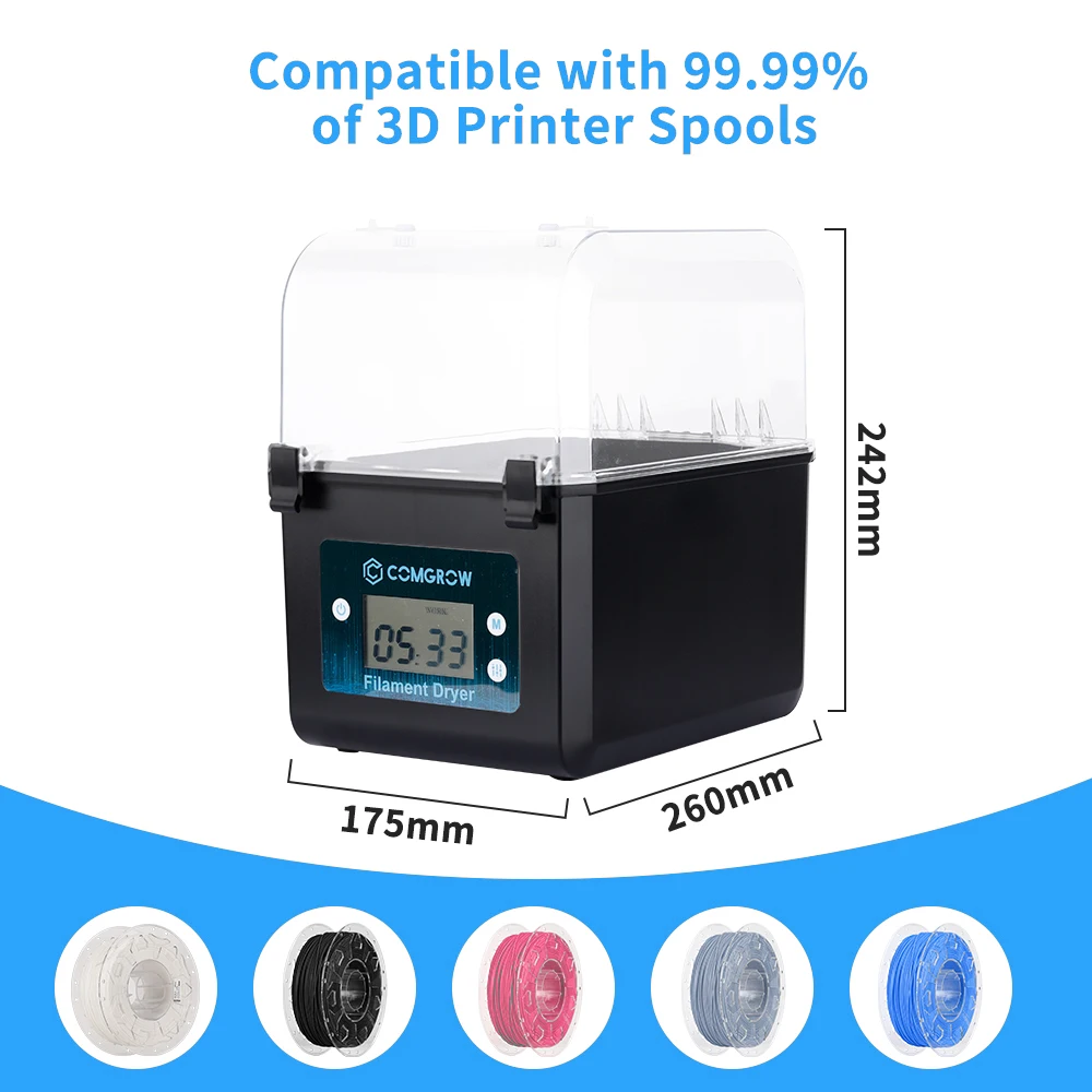 COMGROW 3D Filament 2 ม้วน Spool ผู้ถือเส้นใย Dehydrator กล่องเก็บสําหรับ PLA, ABS, PETG, TPU, ไนลอน 3D ชิ้นส่วนเครื่องพิมพ์