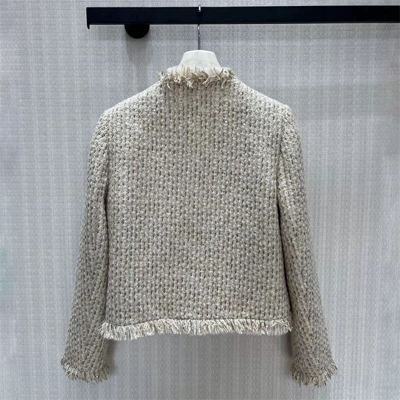 2026 Women Autumn Winter Y2K Beaded Fringe Sequin Tweed Knit Jacket Slim Fit Cropped Fashion Luxury Elegant Short Outerwear