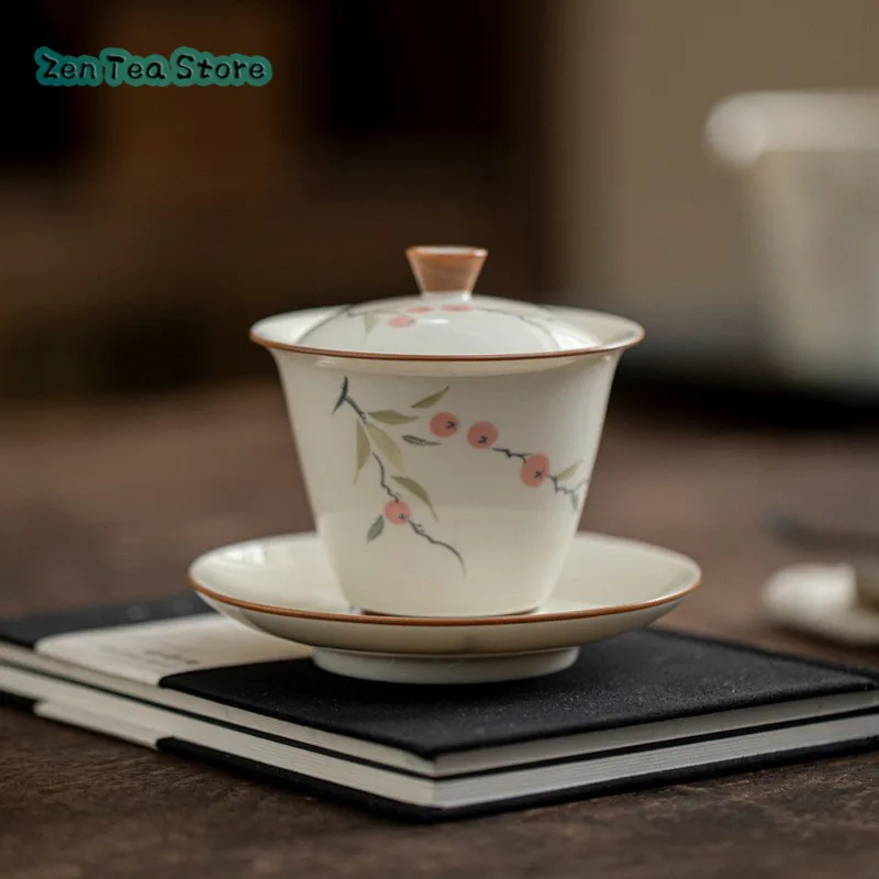 Hand-painted Three Cover Bowl Retro Underglaze Color Persimmon Tea Infuser Household Ironing Ceramic Tea Bowl Wholesale