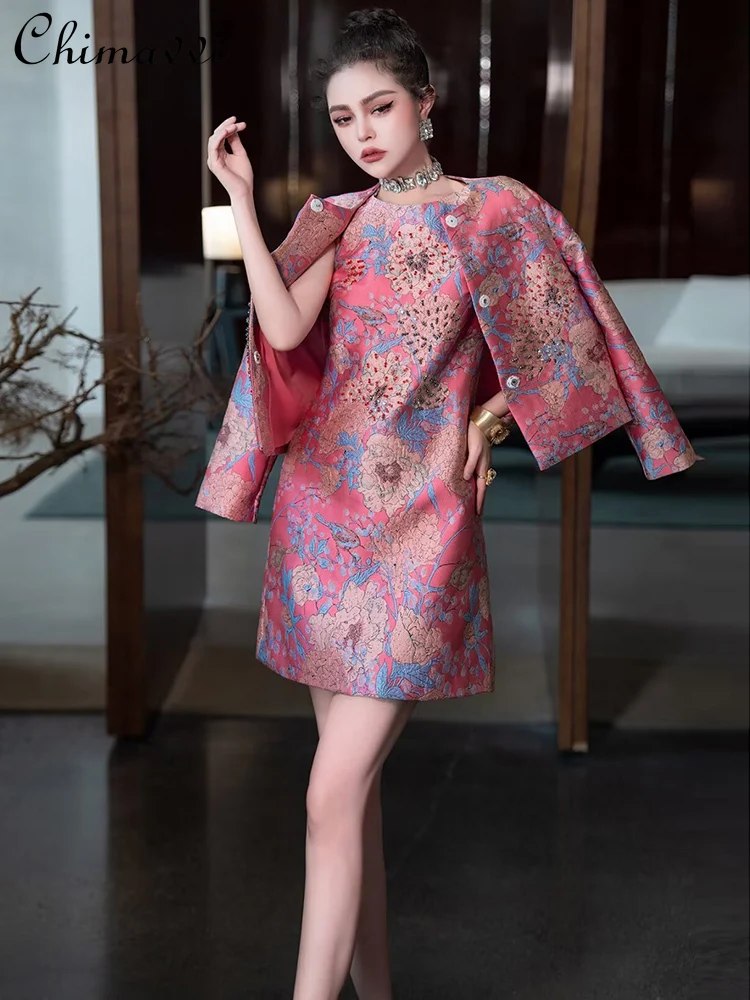 

French Elegant Socialite Heavy Industry Bead Embroidery Round Neck Long Sleeve Single-Breasted Versatile Short Jacket Top Women