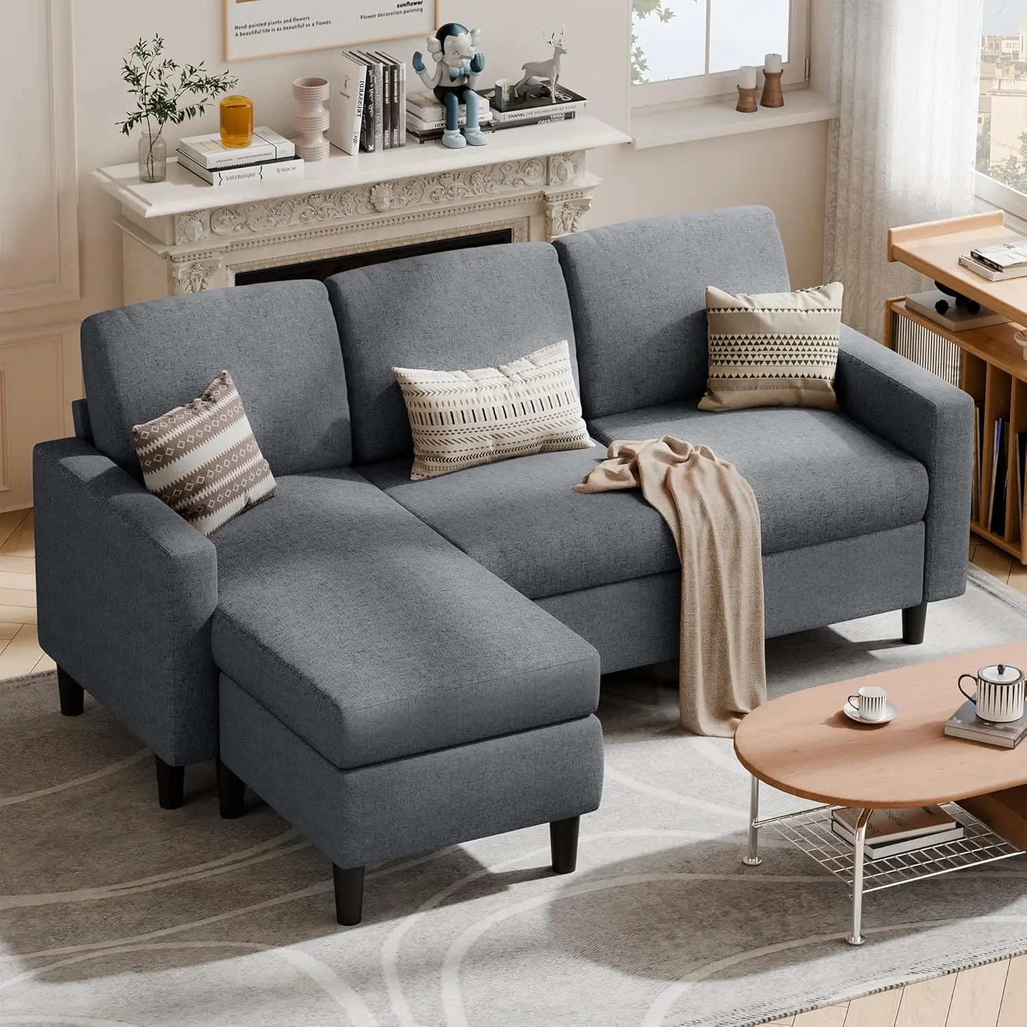 

Shaped Couches for Living Room Small Sectional Sofa with Reversible Chaise, Convertible Sectional Sofa with Modern Linen Fabric