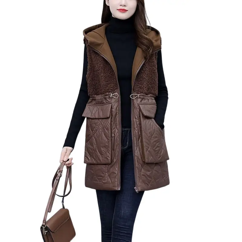 Large Size Vest Cotton Jacket 2022 Winter Women\'s Lamb Wool Splicing Fashion Warm Quilted Coat Hooded Sleeveless Waistcoat T860