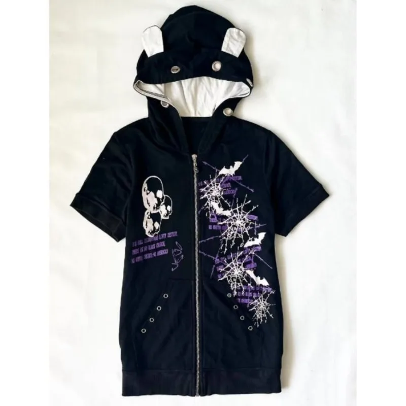 

Летние японские топы с капюшоном, женские повседневные рубашки с короткими рукавами на молнии Y2K, винтажная облегающая футболка для девочек, новинка