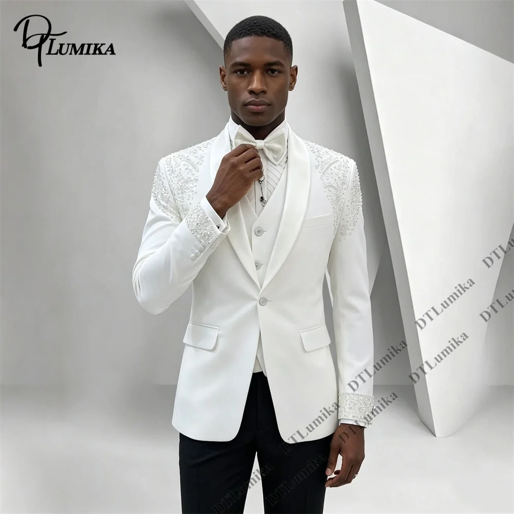 Men's 3 Piece White Black Beaded Suit Crystal Embellished Blazer Vest Pants Shawl Lapel Groom Wedding Tuxedo Prom Formal Dinner