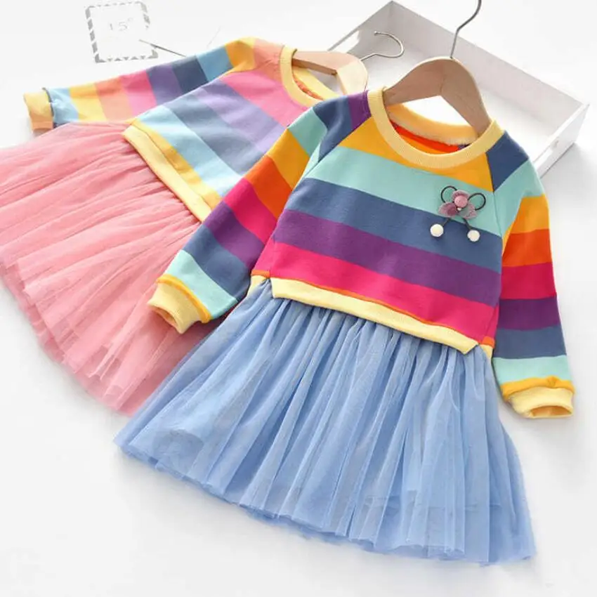 Baby Girls Dress Princess Autumn Sweater Fleece Gauze Tutu Dresses Children Clothing Long Sleeve Rainbow Stripes Dress For Girls