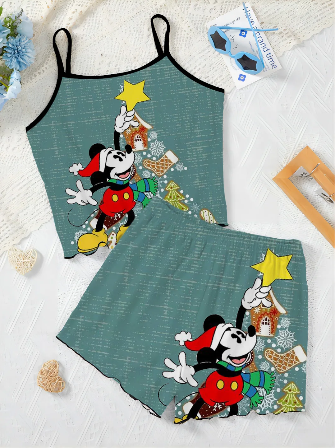 Elegant Women's Sets Lettuce Trim Home Dress Christmas Mickey Minnie Mouse Top Pajama Skirt T-shirt Disney Pieces Short Suit Top