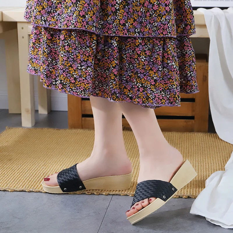 Wedge Heel Thick Bottom Fashion Casual One-word Slippers Comfortable Outer Wear Beach Shoes Imitation Woven Sandals Slippers