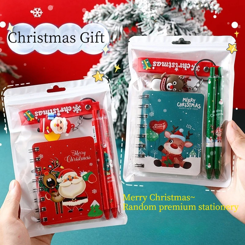 4pcs (Includes 1 Notebook+2 Pens+1 Keychain) Christmas Stationery Set,Notebook Neutral Pen Gift Pack Keychain Set,Christmas Gift