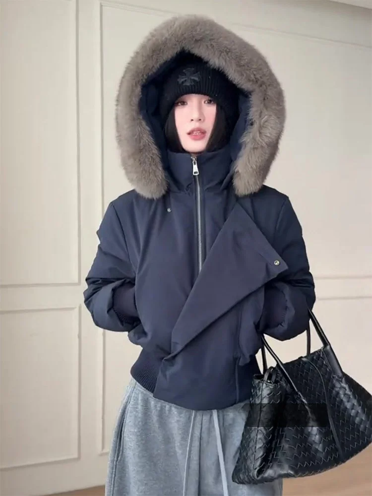 

Premium Feel k Blue Fur Collar Hooded down Cotton Jaet Women Winter ort Thi Warm Bread Sle Outerwear Coat