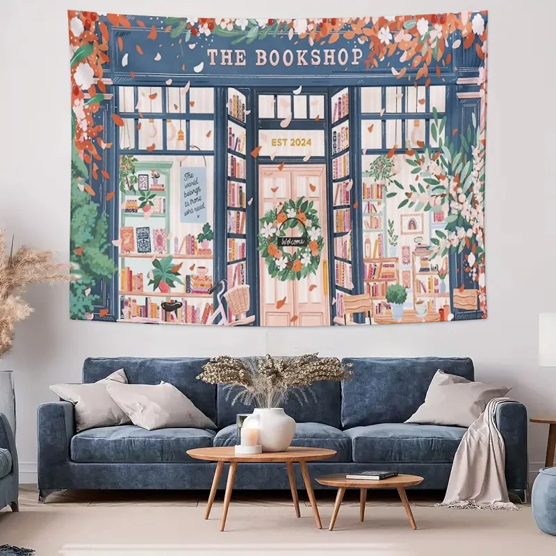 Cozy Bookstore Autumn Scene Wall Tapestry Machine Washable All Season Decor Art Print Vintage Reading Design Home Elevate Space
