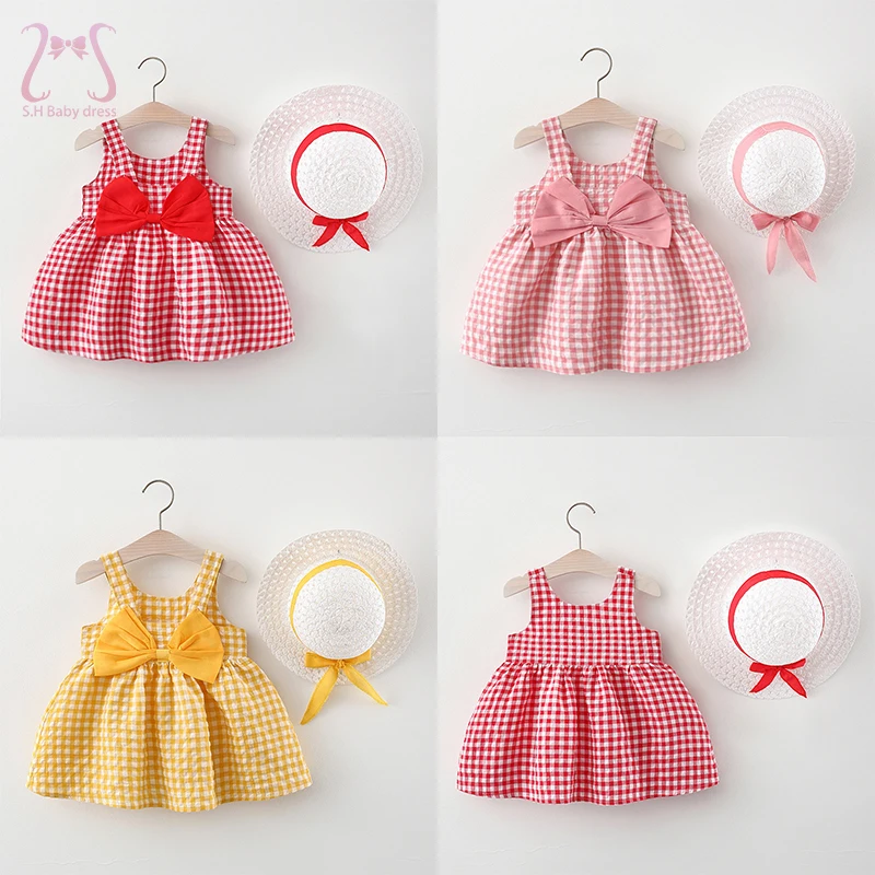 2Pcs/Set Summer Baby Girl Dress Sweet Bowknot Plaid Children Clothes Lovely Thin Soft Clothing For Kids Toddlers Party Dresses