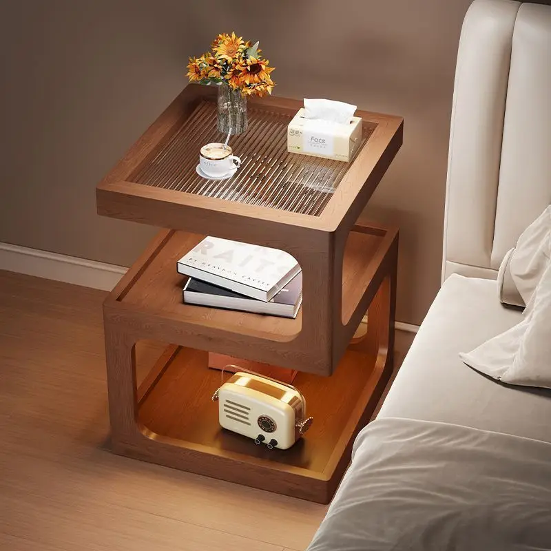 Bedside Table Furniture with Frosted Glass Top & Rattan, Magnetic Sensor LED Light 3-Tier Storage Cabinet Modern Home Decor