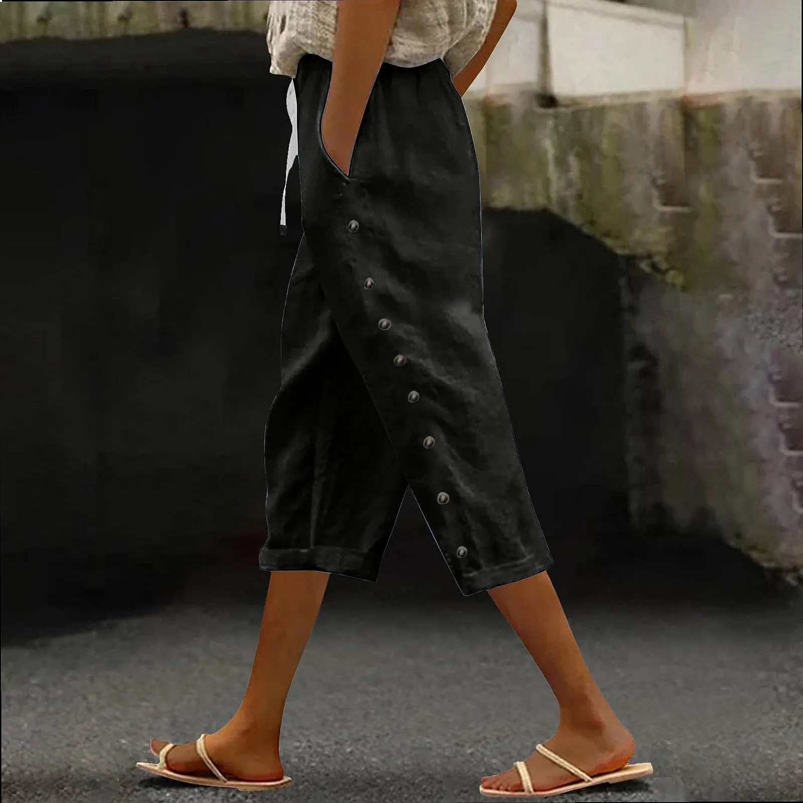 2025 Summer Women's Pants Elastic Waist Casual Capri Pants Breathable Comfortable Trousers