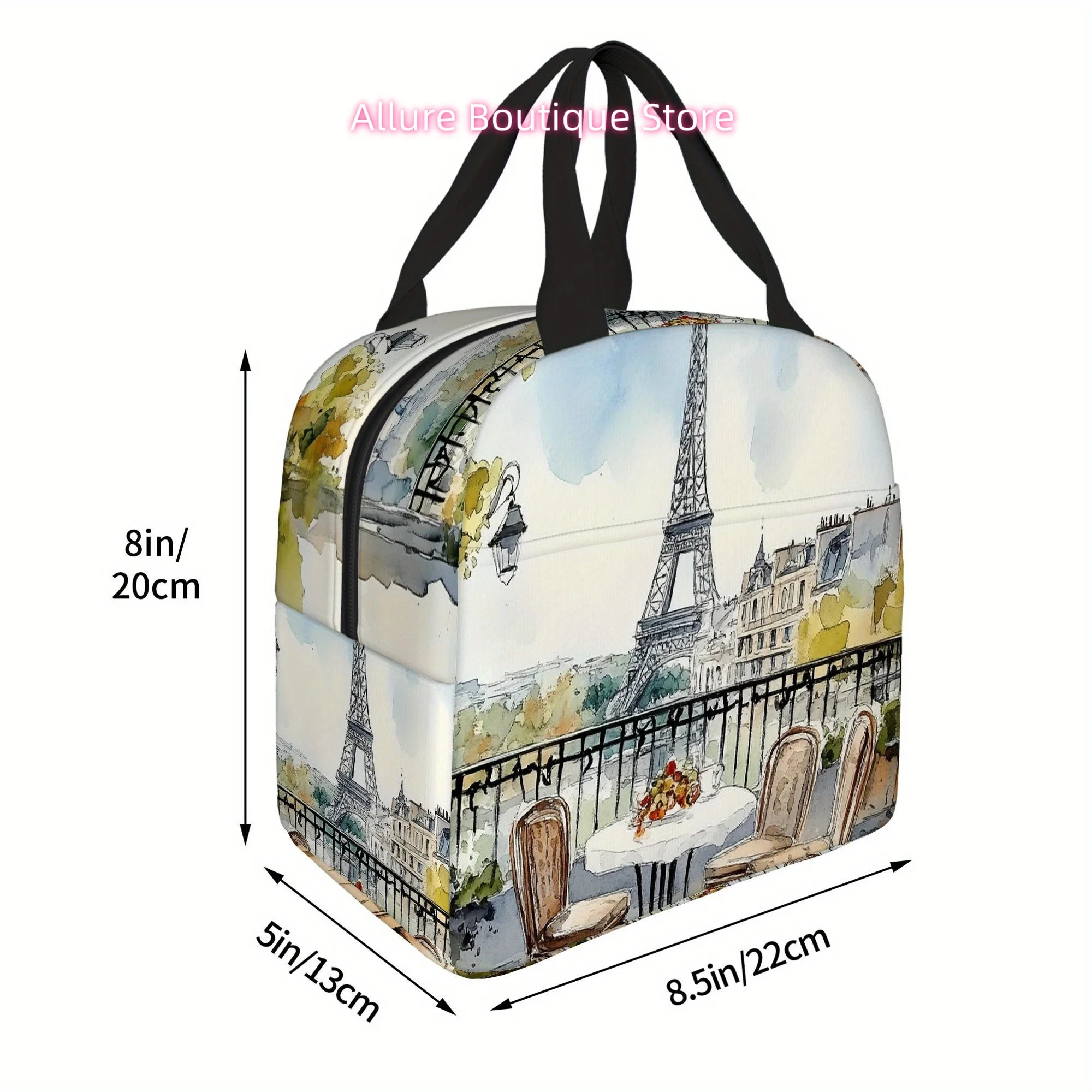1pc Parisian Café with Eiffel Tower View Printed Thermal Insulated Bag – Reusable, Portable & Refrigerated for Home, Restaurant,