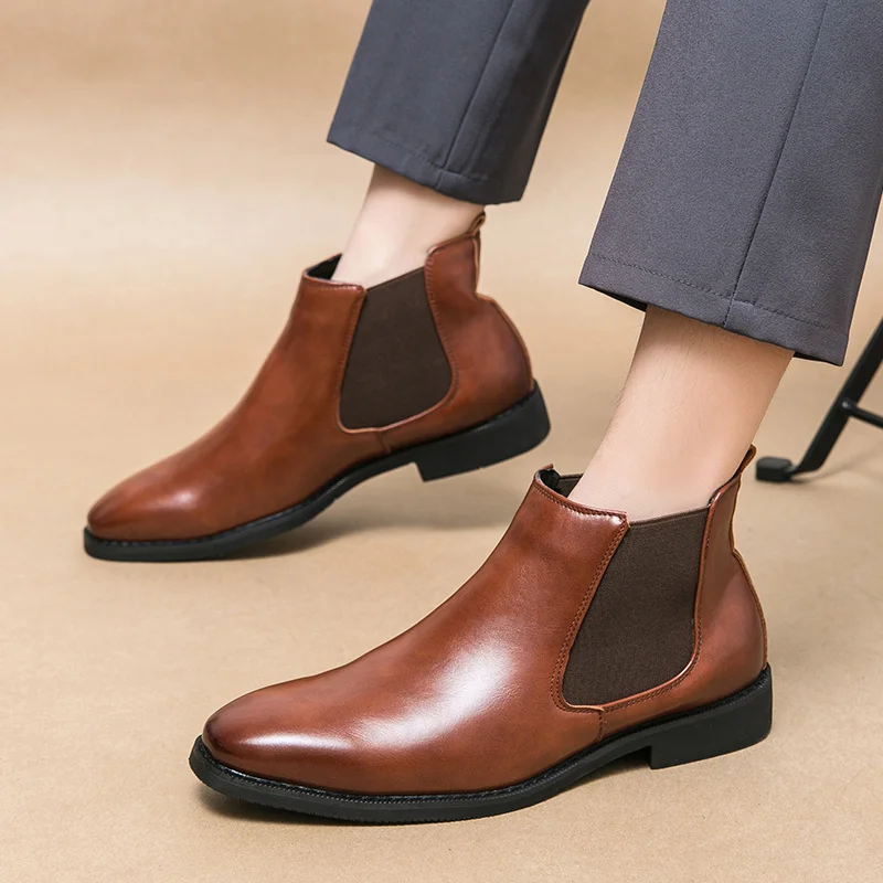 British Style Brown Men's Leather Boots Large Size 48 Pointed-toe Chelsea Boots Men Slip On Booties for Men Formal Shoes botas