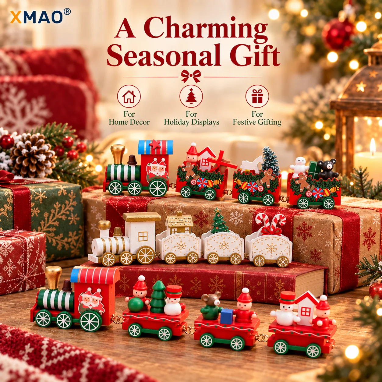 Wooden Christmas Train Tabletop Decor 4-Car Holiday Ornament Mini Train Decoration for Window Shelf Desk Home Gift Display