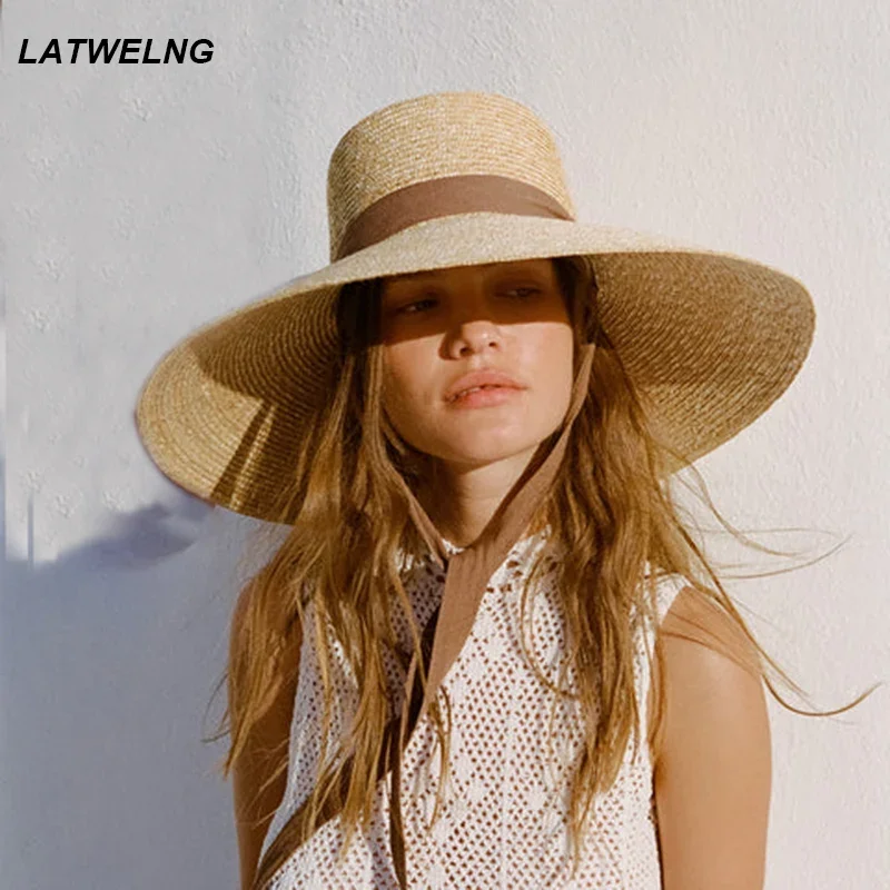 New Wide Brim Beach Hats with Neck Tie for Women Large UV Protection Sun Hats Summer Big Brim Wheat Straw Hats Wholesale