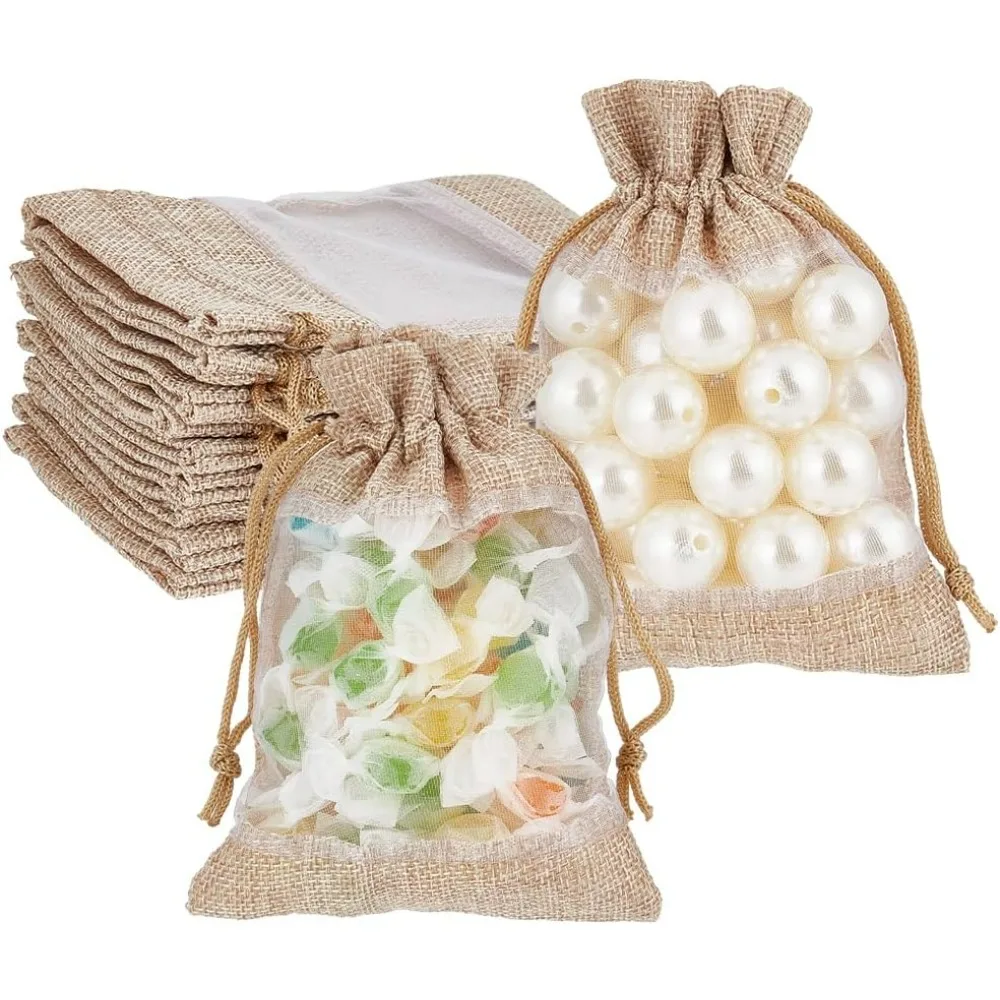 30Pcs Burlap Drawstring Bags, 5.5x3.9inch Rectangle Linen Drawstring Pouches with Organza Windows for Party Favors, DIY Craft