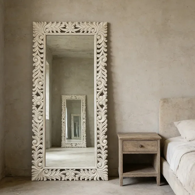 French Retro Curly Grass Pattern Engraved HD Full Body Mirror for Bedroom Living Room Wall Mounted Advanced