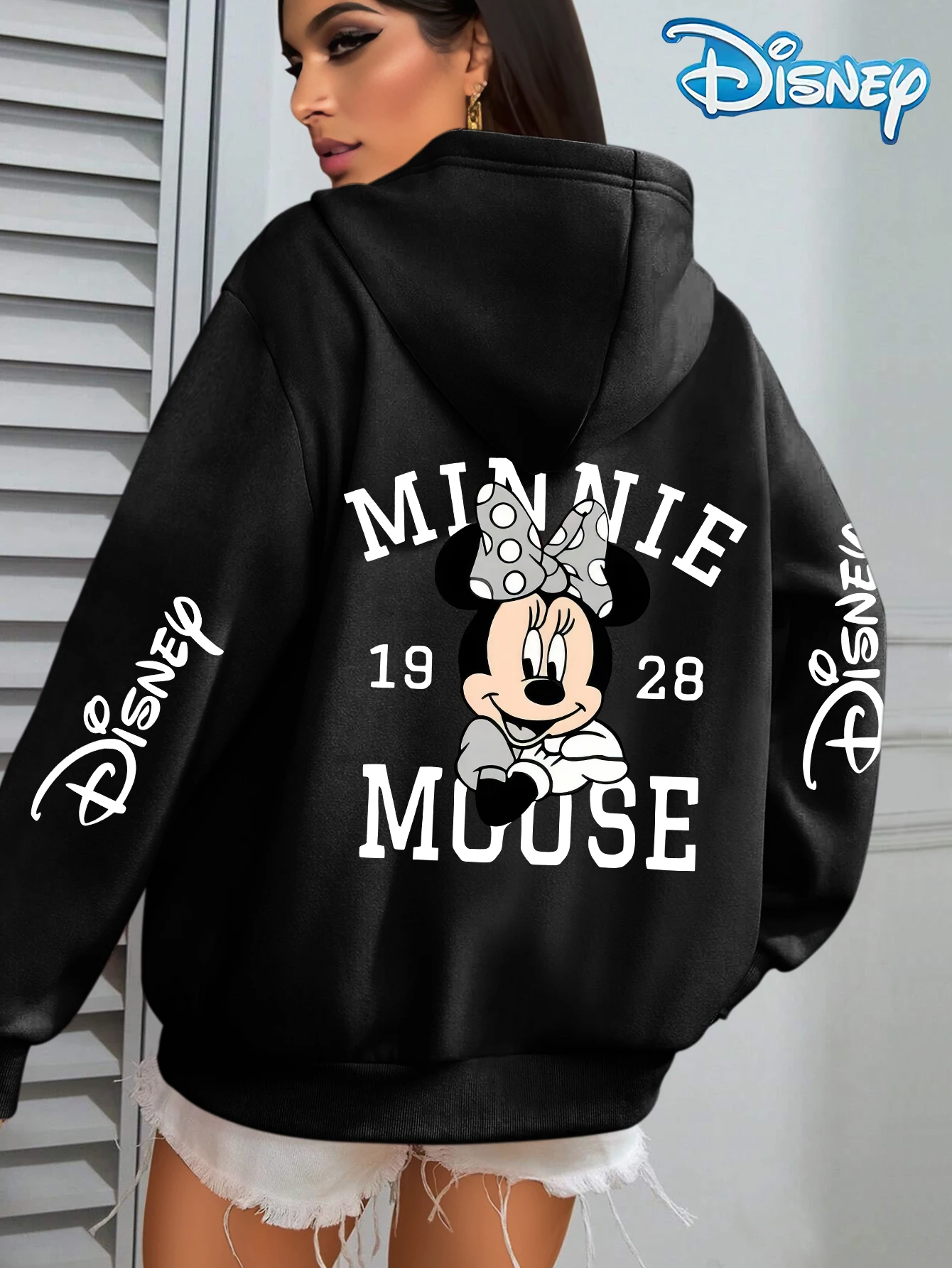 Disney minnie mouse feminino padrão outono e inverno velo moletom com capuz unisex streetwear oversized solto casual