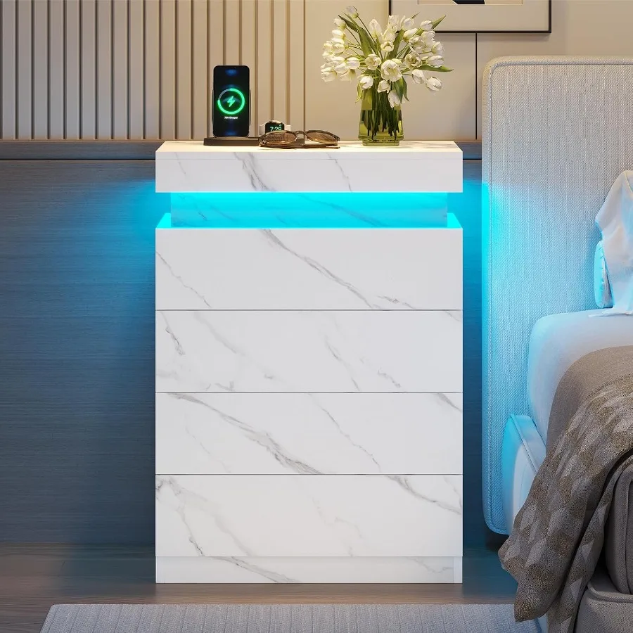 Night Stand with Drawers and LED Lights, Wood, White, Space-Saving Design with Soft-Close Drawers and Adjustable Warm Light