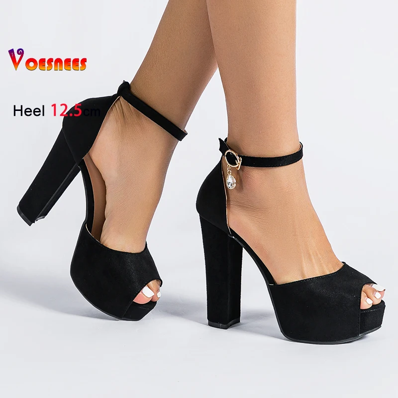غطاء كعب الصنادل النساء حجم كبير الصيف اللمحة تو عالية الكعب 12.5 سنتيمتر الإناث منصة الجلد المدبوغ الكاحل حزام نموذج عرض الصنادل الأسود