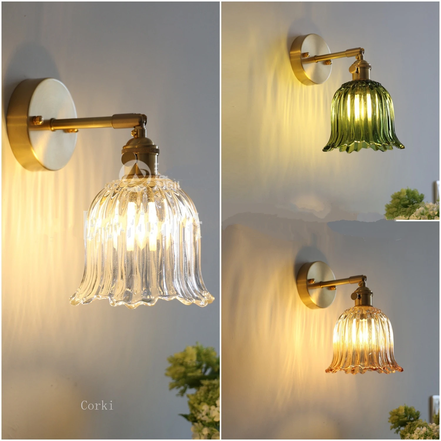 Vintage Floral Glass Wall Lamp Multi-style Pendant Light Glass Lampshade Brass Adjustable Bedside LampKitchen Island Dining Room