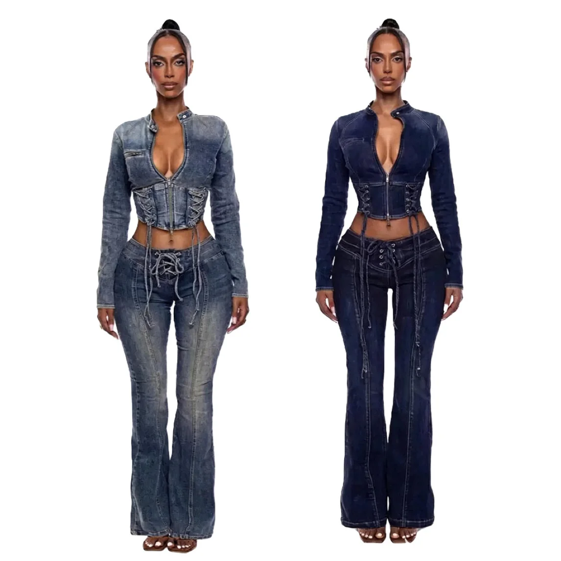 Crop Denim Jackets Coat Elegant 2 Piece Pant Set Outfits Y2K Streetwear 2026 Winter Fall Chic Clothes Women Sexy Two Piece Sets