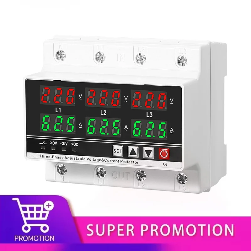 3 Phase Adjustable Over and Under Voltage Protector Voltmeter Ammeter Monitor Relays 3P4W Din Rail Current Limit Protection