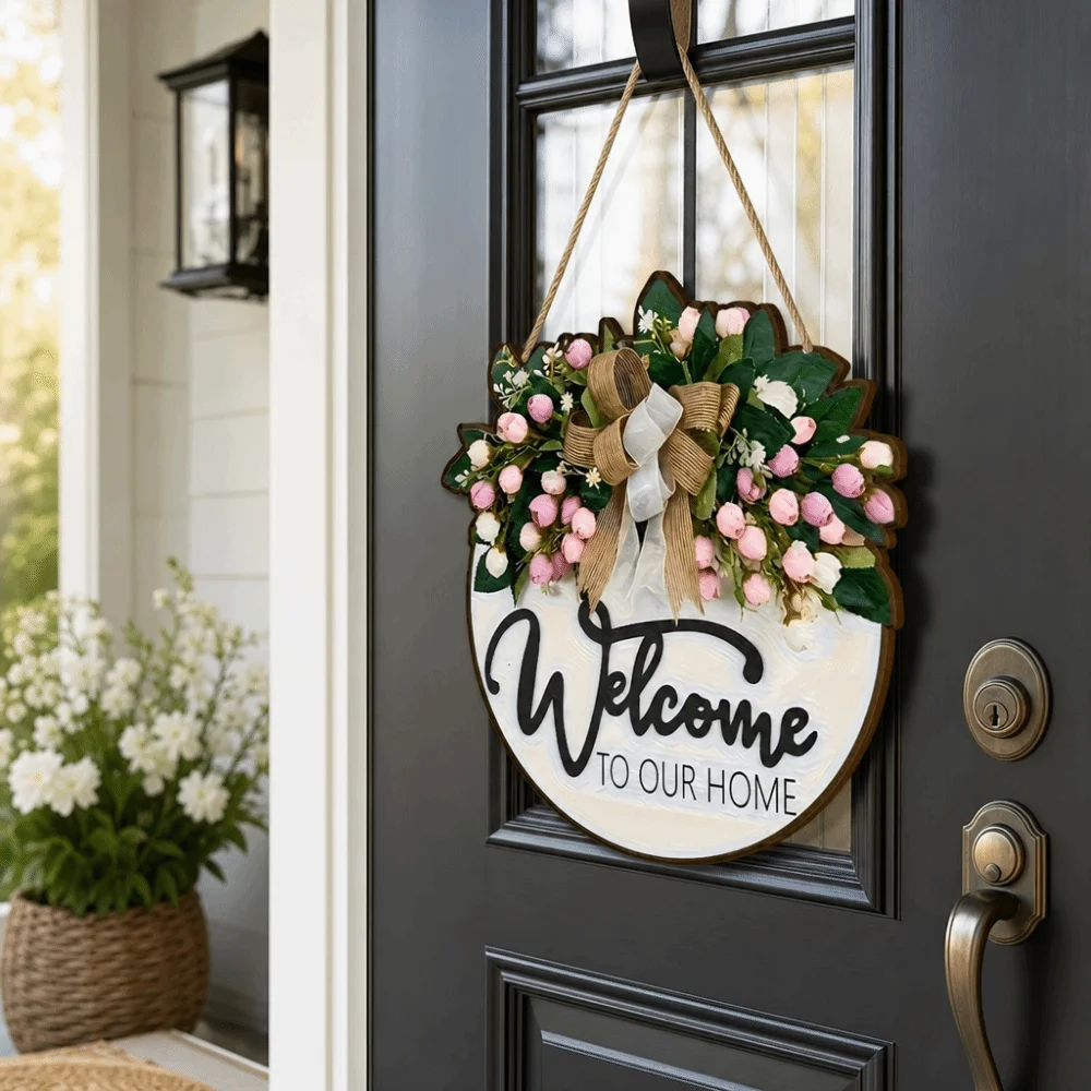 Creative 2D Flat Welcome Sign Flower Bow Knot Hanging Decoration Wooden Round Shape Door Wreath Home Decor