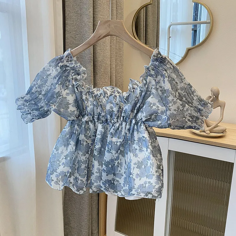

2023 Vintage Sweet Pleated Short Shirts Summer Flower Print Chiffon Blouse for Women Loose Short Sleeve Tops Blusas Mujer 27083