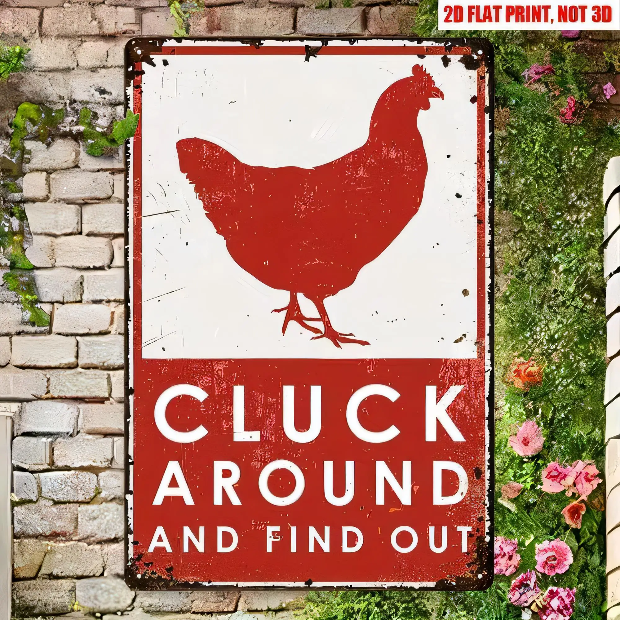 Tin Sign Chicken Silhouette CLUCK AROUND And Find Out Farm Rooster Vintage Metal Wall Decor Rustic   Flat Print Retro Plaque for