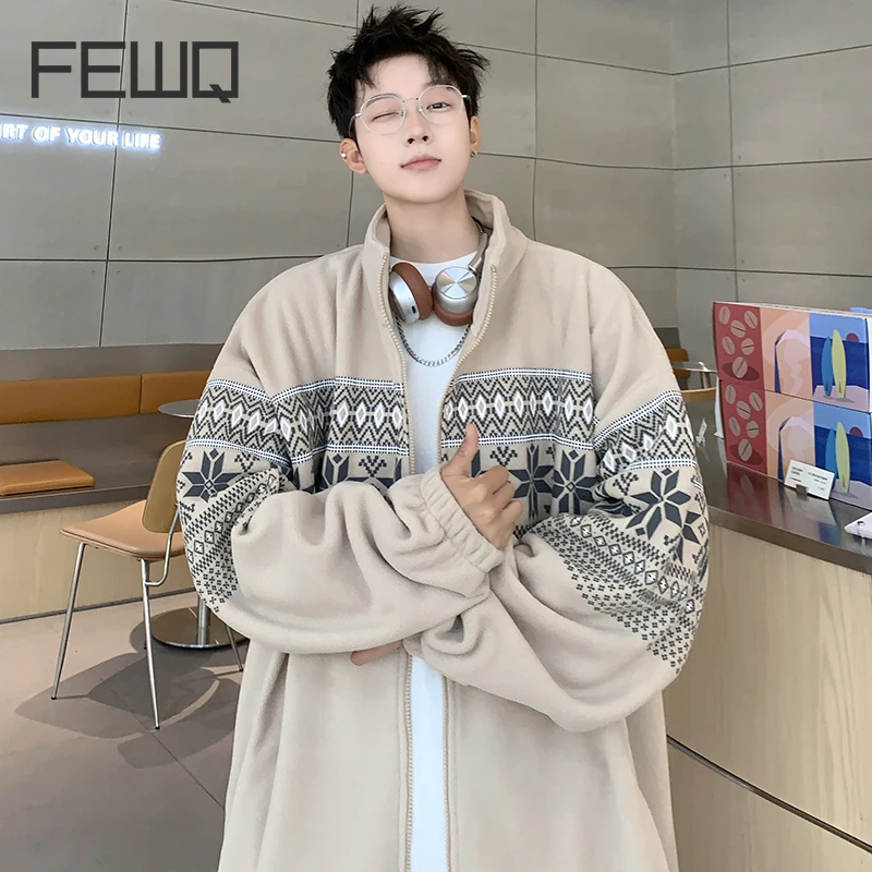 FEWQ Autumn Winter Zipper Cardigan Print Sweatshirt Loose Versatile Jacket 2024 Contrast Color Loose Male Tops 24E2382