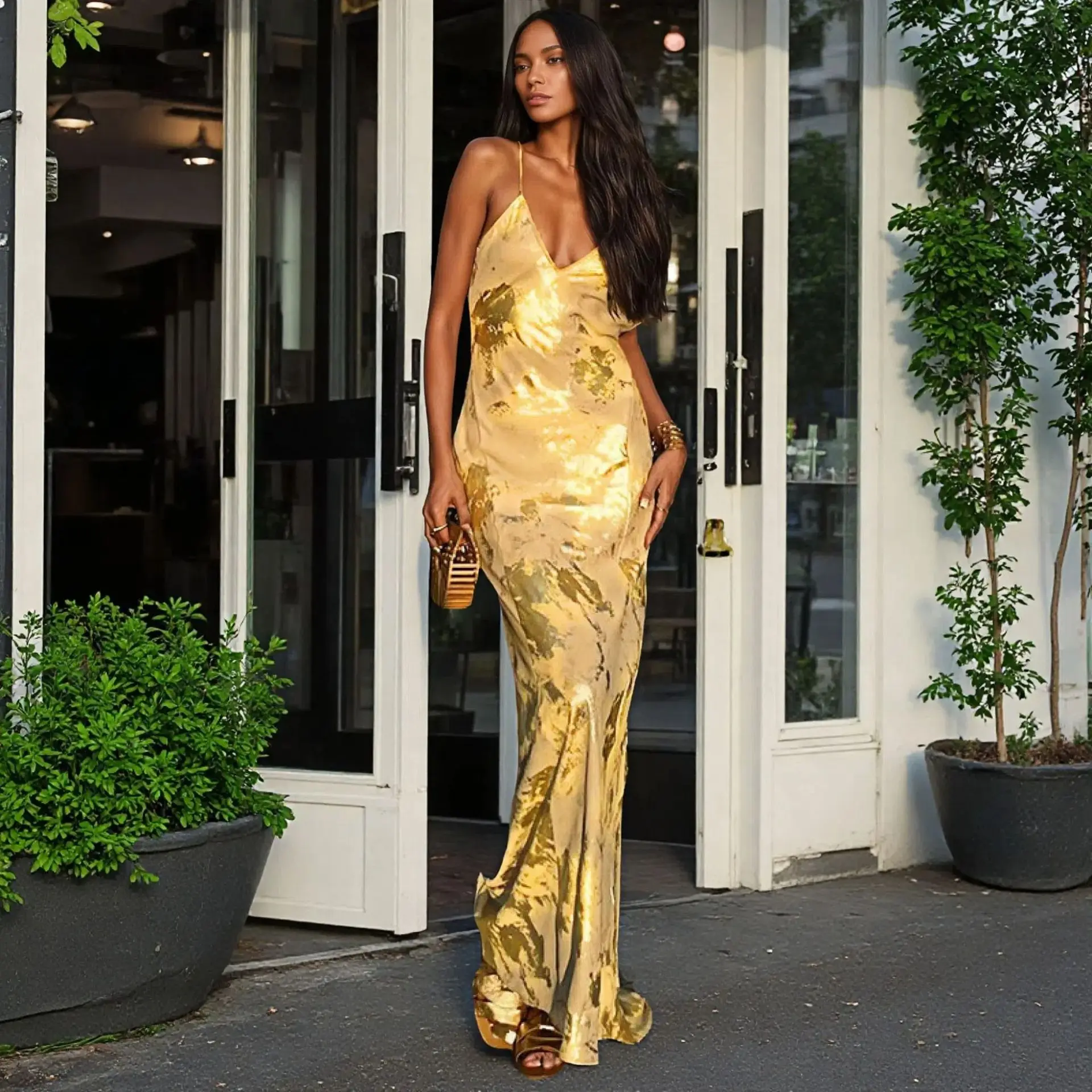 

2026 New Fashionable Backless Slim Fit Women's Hip Dresses Summer Sexy Elegant Irregular Suspender V-neck Dress For Women