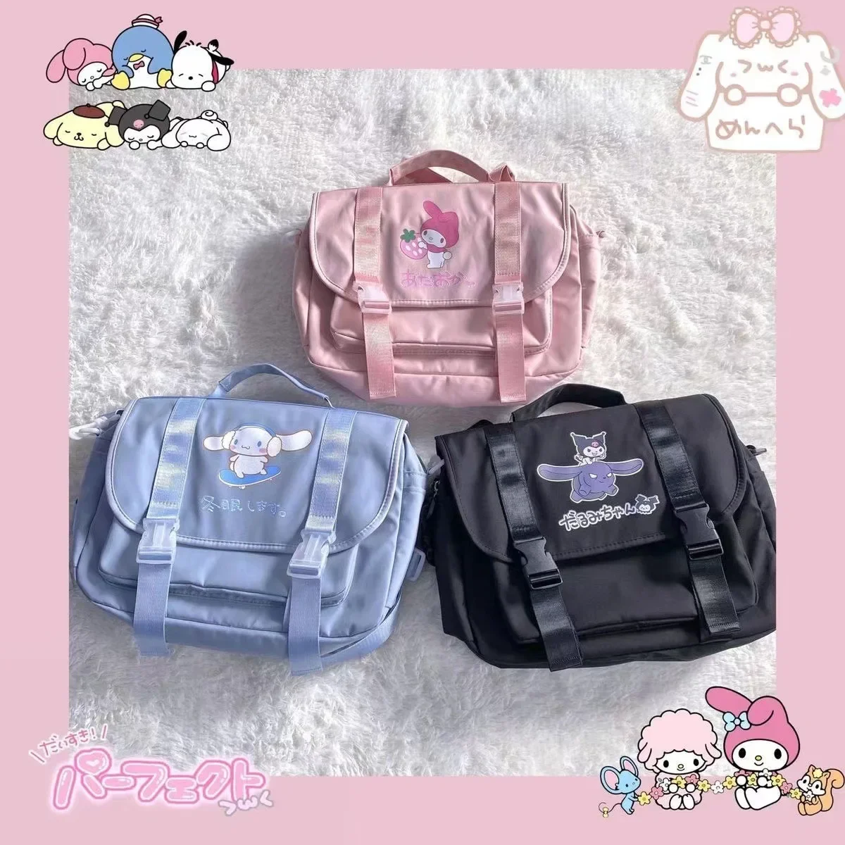 Sanrio Campus School Bags for Teenage Girl Portable Travel Backpack Kawaii Kuromi Melody Cinnamoroll Women Harajuku Shoulder Bag